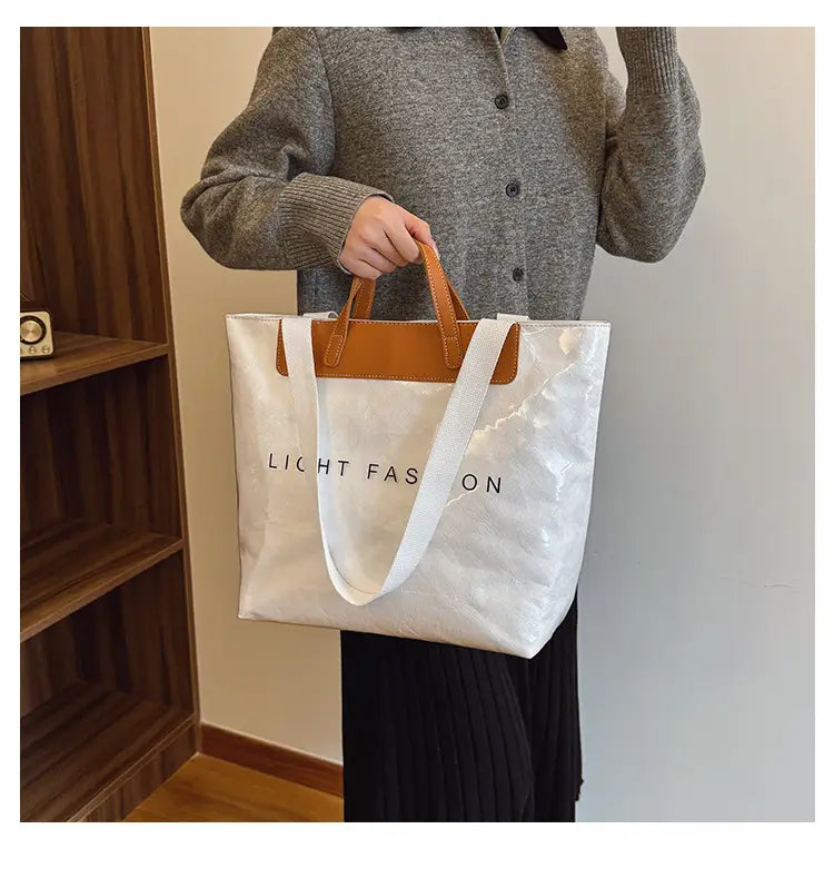 Kraft Paper Shoulder Bag Medium Square Tote in Neutral and Green Colors