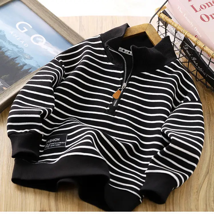 Beige Striped Zip Sweater for Men and Women with Polo Collar Fashion