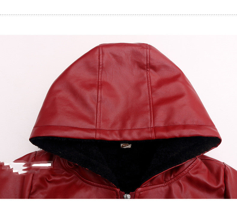 PU Leather Jacket Children’s Wear Hooded Padded Coat