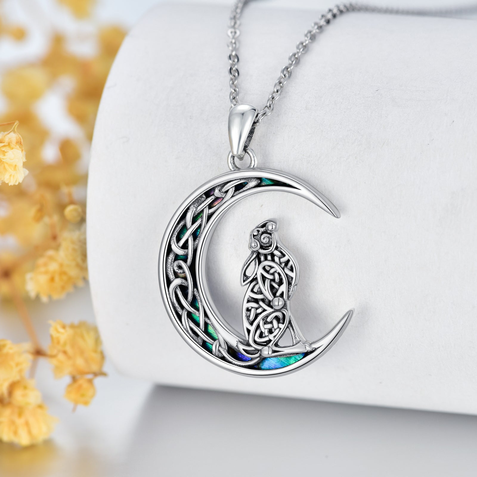 Celtic Knot Bunny Moon Necklace Sterling Silver Abalone Shellfish Pendant Jewelry Gifts - Celtic Knot Bunny Necklace