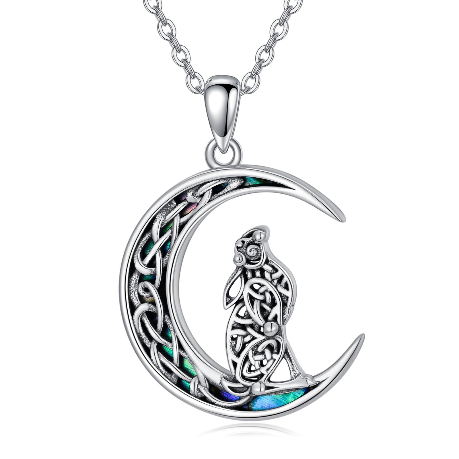 Celtic Knot Bunny Moon Necklace Sterling Silver Abalone Shellfish Pendant Jewelry Gifts - Celtic Knot Bunny Necklace