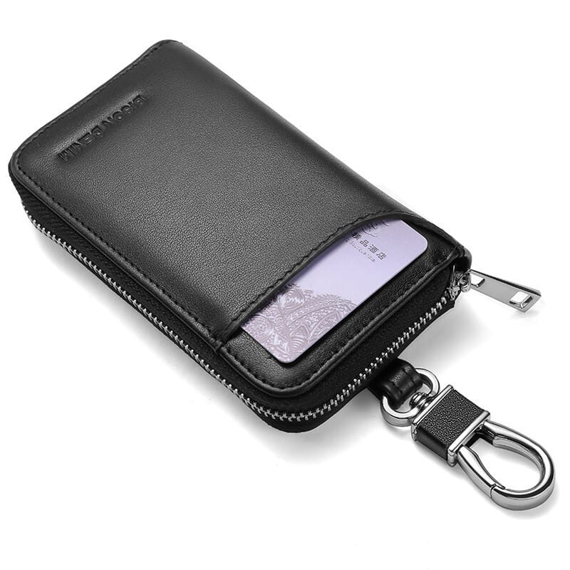 Black Cowhide Card Case with Zipper for Cards and Cash