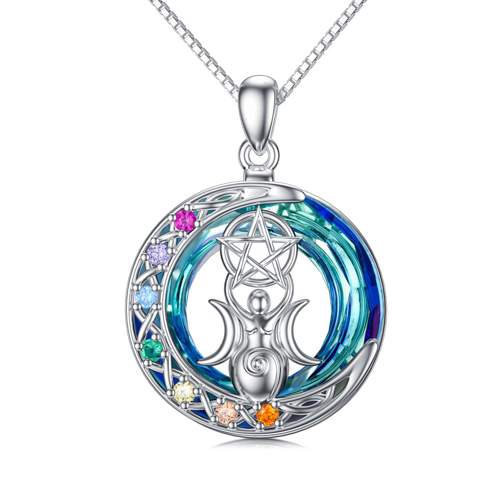 Chakra Triple Moon Goddess Crystal Necklace In White Gold Plated Sterling Silver - Triple Moon Goddess Necklace