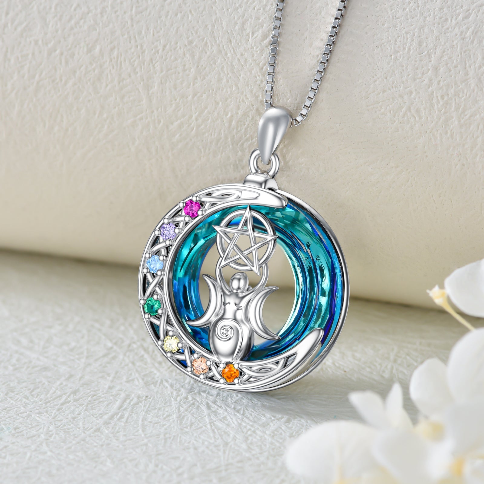 Chakra Triple Moon Goddess Crystal Necklace In White Gold Plated Sterling Silver - Triple Moon Goddess Necklace