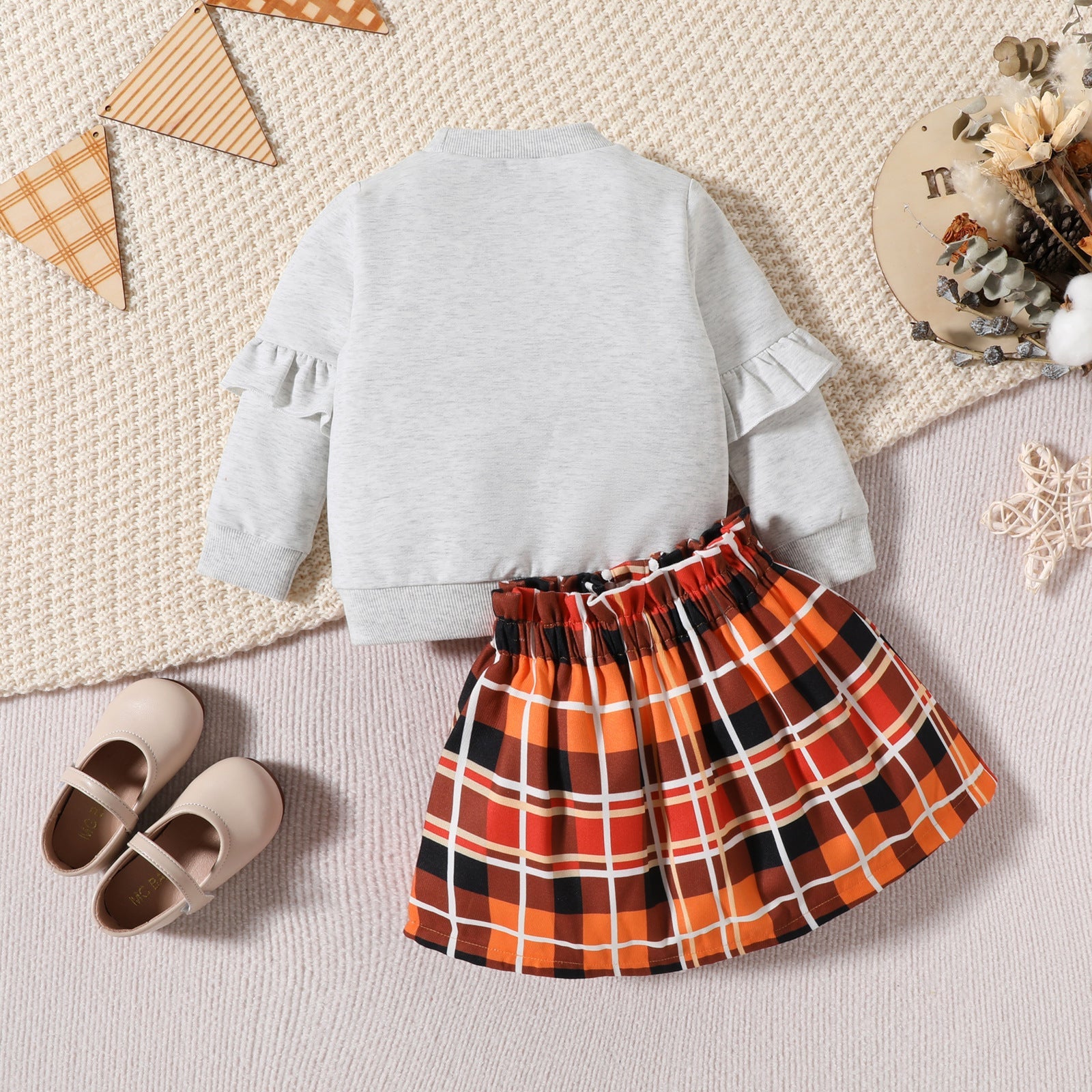 Children’s Clothing Thanksgiving Letter Plaid Printed Sweater Dress Two-piece Set - Tiny Tots in Turkey Trot Plaid