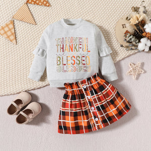 Children’s Clothing Thanksgiving Letter Plaid Printed Sweater Dress Two-piece Set - Tiny Tots in Turkey Trot Plaid