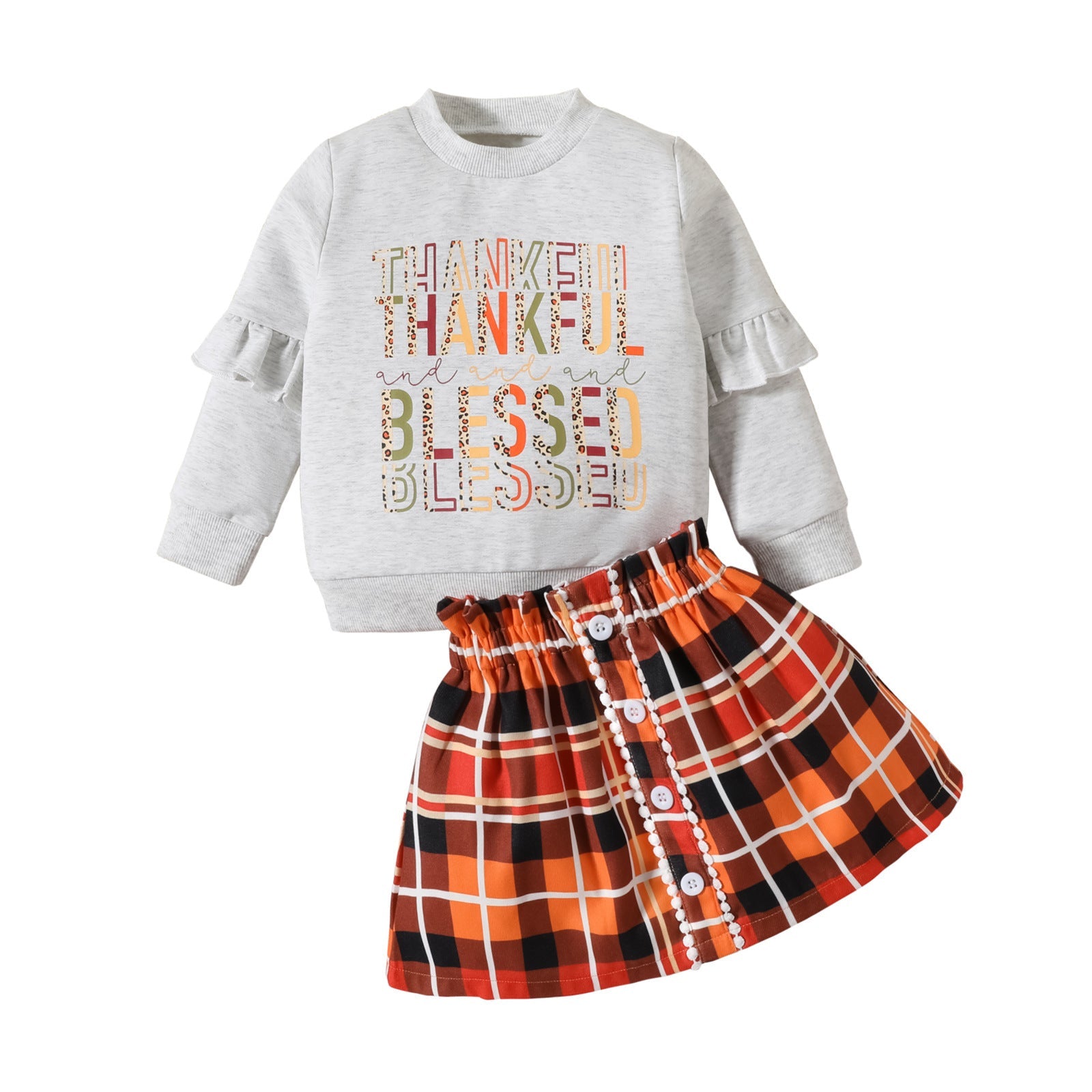 Children’s Clothing Thanksgiving Letter Plaid Printed Sweater Dress Two-piece Set - Tiny Tots in Turkey Trot Plaid