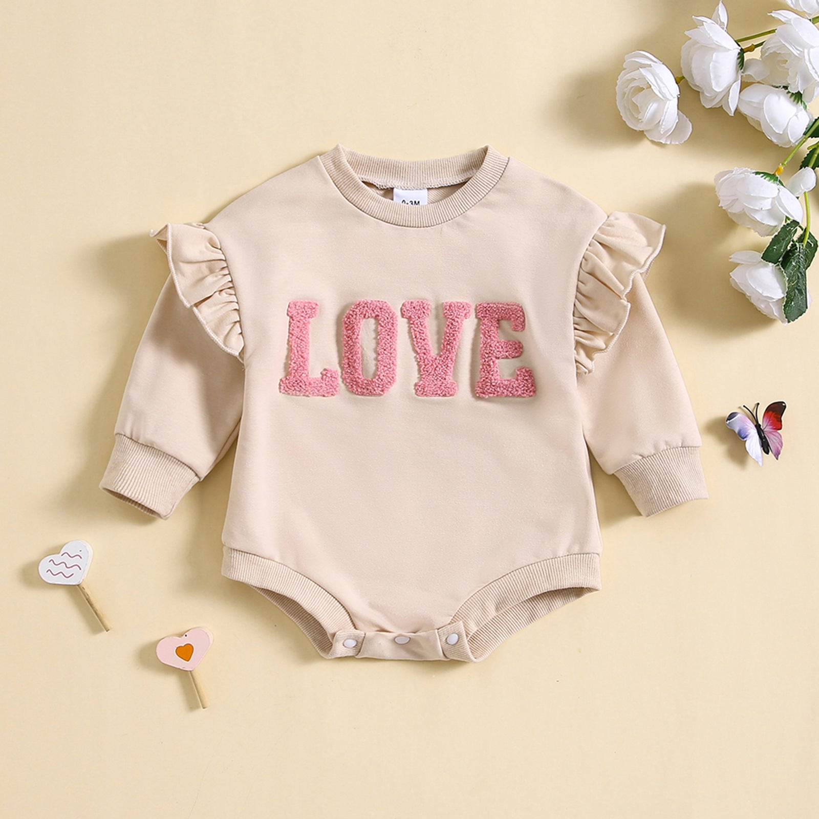 Children’s Fashion Round Neck Flounced Sleeve Letter Triangle Long Sleeve Romper - Tiny Trendsetter Romper