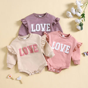 Children’s Fashion Round Neck Flounced Sleeve Letter Triangle Long Sleeve Romper - Tiny Trendsetter Romper