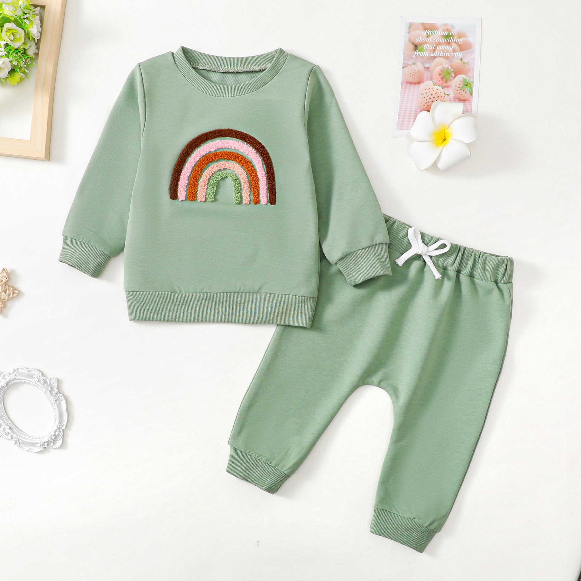 Children’s Four-color Towel Embroidery Rainbow Long-sleeved Shirt Fake Drawstring Trousers Two-piece Set - Rainbow