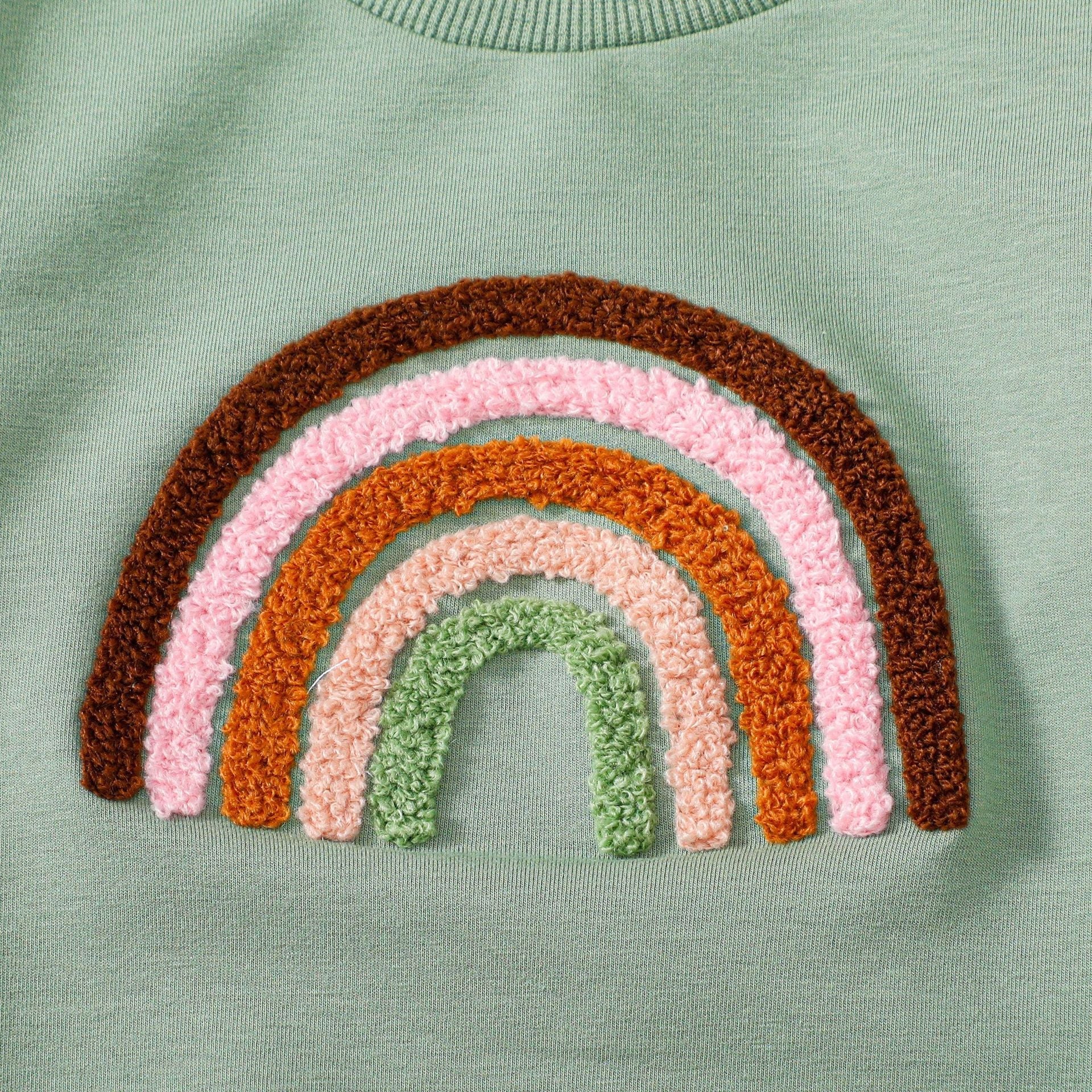 Children’s Four-color Towel Embroidery Rainbow Long-sleeved Shirt Fake Drawstring Trousers Two-piece Set - Rainbow