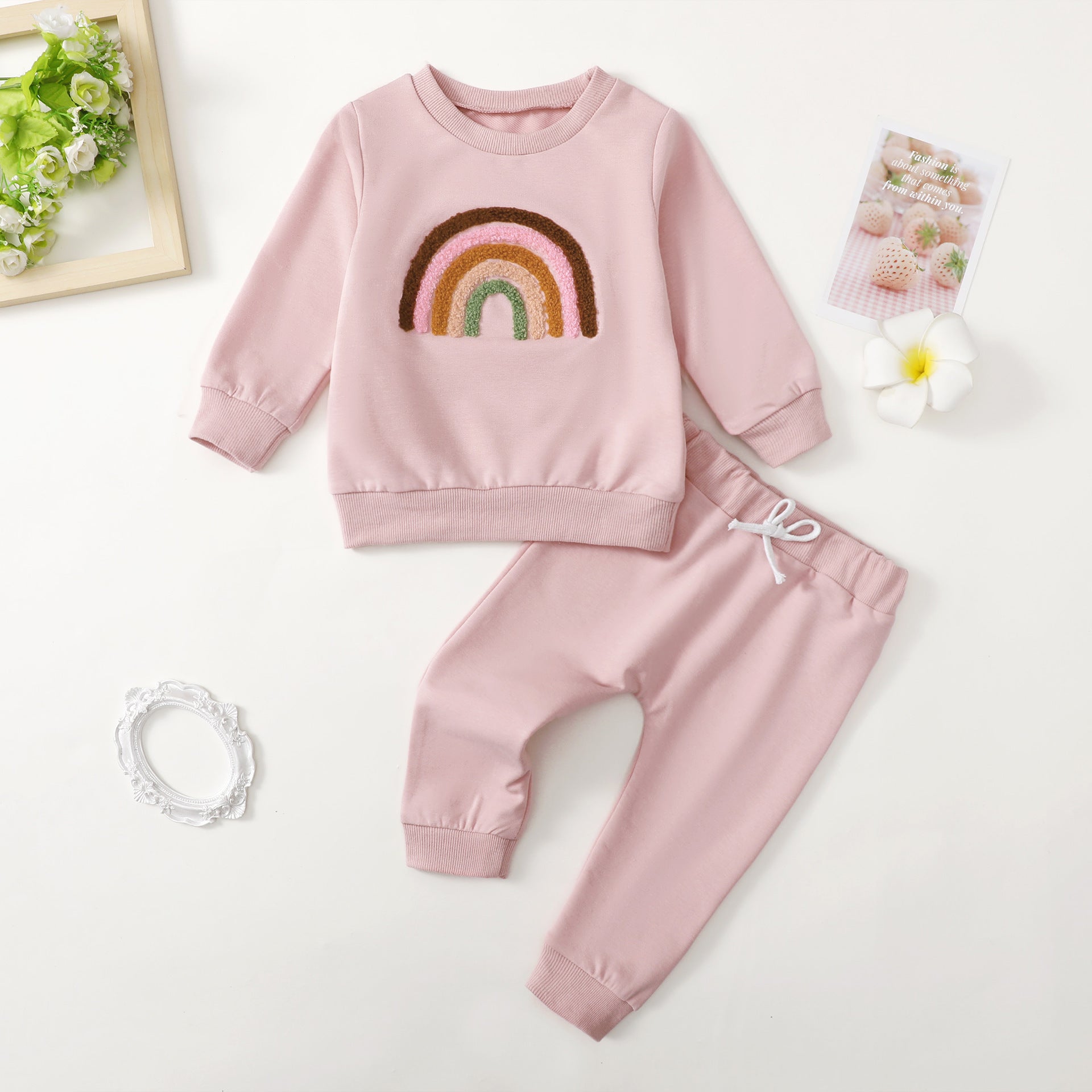 Children’s Four-color Towel Embroidery Rainbow Long-sleeved Shirt Fake Drawstring Trousers Two-piece Set - Rainbow