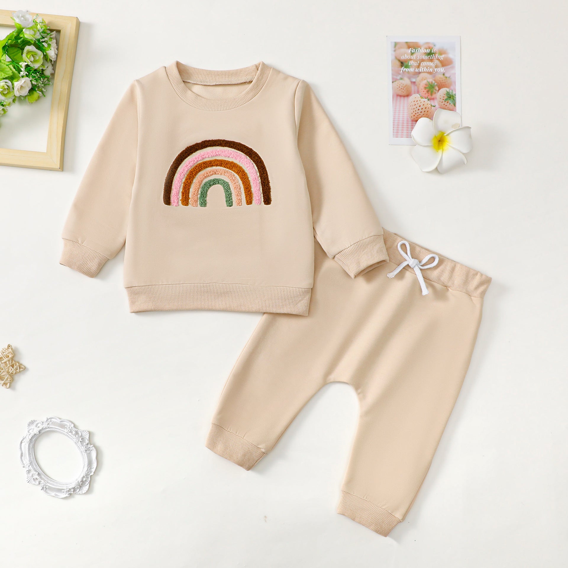 Children’s Four-color Towel Embroidery Rainbow Long-sleeved Shirt Fake Drawstring Trousers Two-piece Set - Rainbow