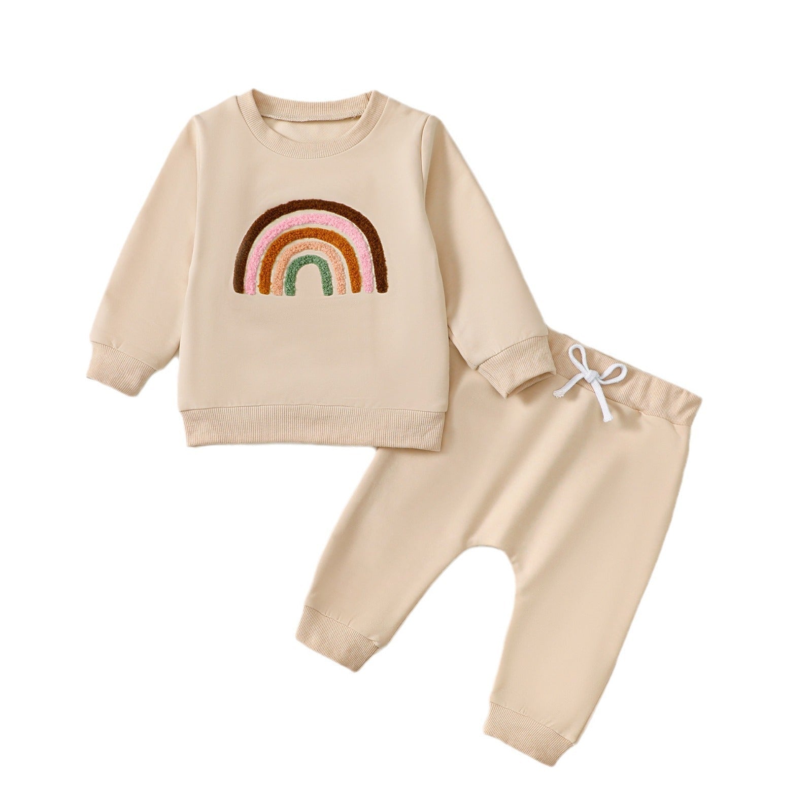 Children’s Four-color Towel Embroidery Rainbow Long-sleeved Shirt Fake Drawstring Trousers Two-piece Set - Rainbow