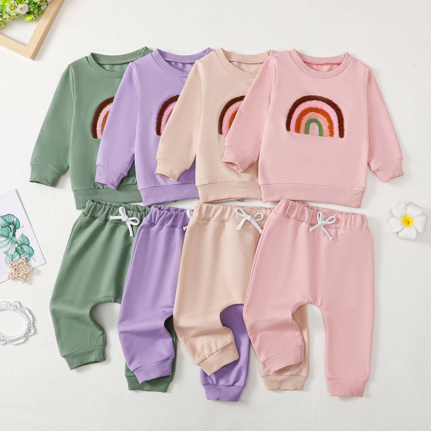 Cotton Unisex Shirt and Pants Set in Pink Yellow Green Apricot Violet - Rainbow Outfit for Tiny Trendsetters Giggles