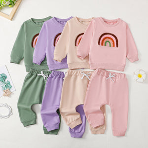 Children’s Four-color Towel Embroidery Rainbow Long-sleeved Shirt Fake Drawstring Trousers Two-piece Set - Rainbow