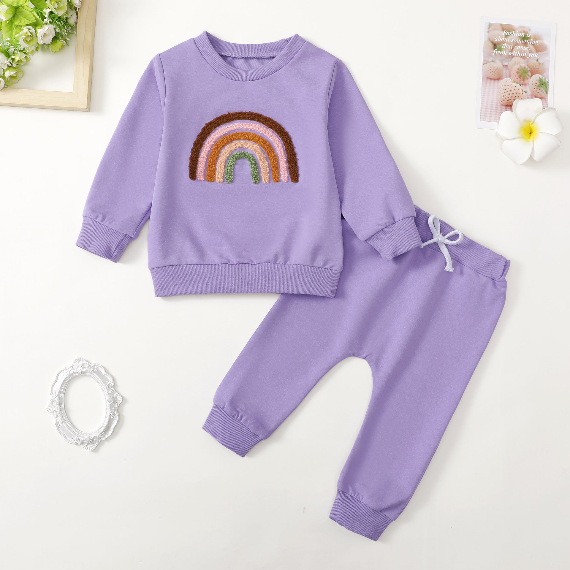 Children’s Four-color Towel Embroidery Rainbow Long-sleeved Shirt Fake Drawstring Trousers Two-piece Set - Rainbow