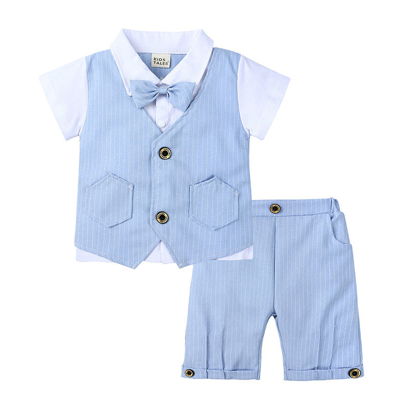 Children’s Gentleman British Summer Suit Boys’ Fake Two-piece Vest Knitted Shirt Bow Tie - Tiny Gentlemen: Summer