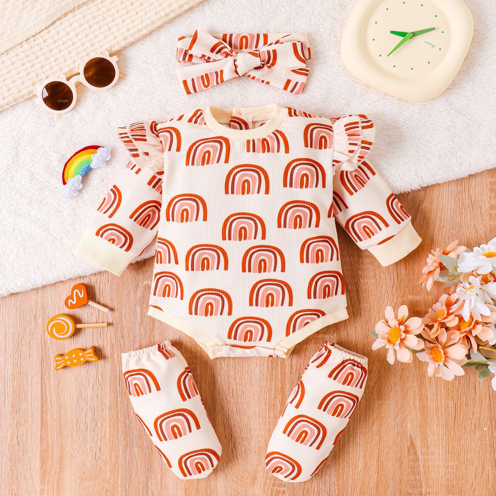 Children’s Jumpsuit Suit Rainbow Printing Romper Headscarf Booties Three-piece Set - Rainbow Romper Set for Tiny