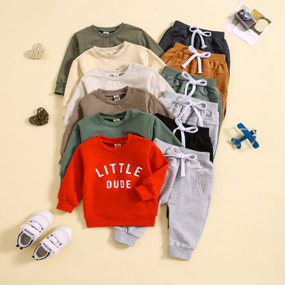 Children’s Round Neck Letter Print Top Solid Color Trousers Two-piece Set - Chic Kids Smocks in Solid Color for Tiny