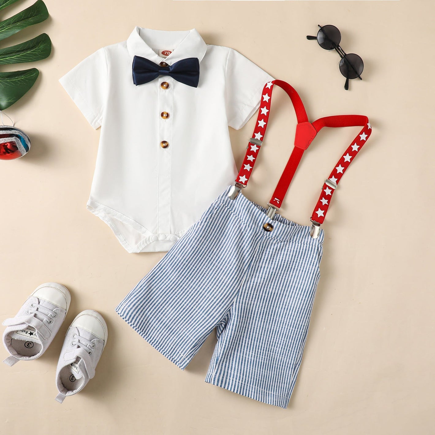 White Striped Cotton Shorts for Men and Women Suitable in the United States - Stylish Kids Bow Ties Suspenders Fun