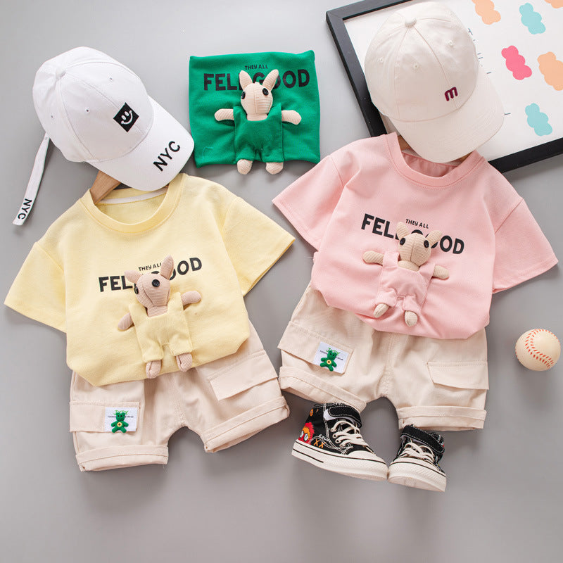 Cartoon Bear Short Sleeve Suit for Kids in Yellow Pink Green US CHF Chf - Tiny Fashionistas united states chf