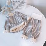 Children’s Thermal Underwear Winter Pajamas High Waist Belly Protection Velvet Underwear Set Two-piece Set - Striped