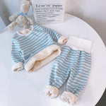 Children’s Thermal Underwear Winter Pajamas High Waist Belly Protection Velvet Underwear Set Two-piece Set - Striped