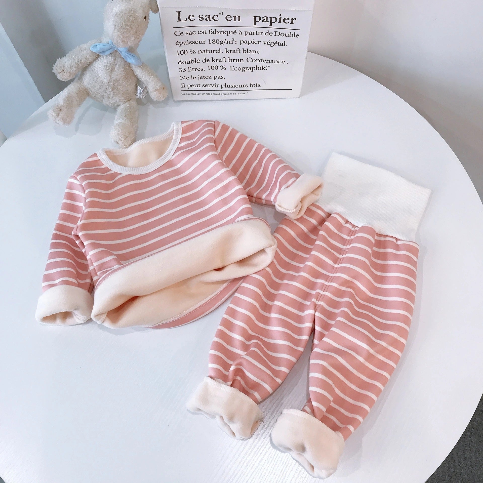 Children’s Thermal Underwear Winter Pajamas High Waist Belly Protection Velvet Underwear Set Two-piece Set - Striped