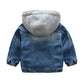Children’s Washed Soft Denim Jacket with Collar and Hood in Sizes 100-110 - children washed soft denim jacket