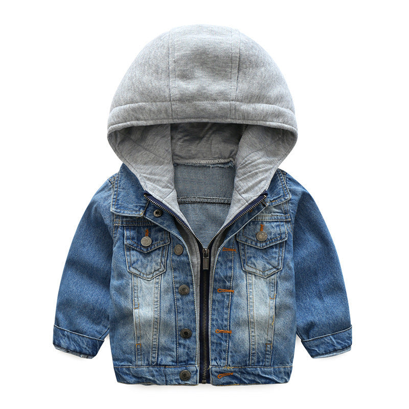 Children’s Washed Soft Denim Jacket with Collar and Hood in Sizes 100-110 - children washed soft denim jacket