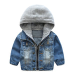 Children’s Washed Soft Denim Jacket with Collar and Hood in Sizes 100-110 - children washed soft denim jacket