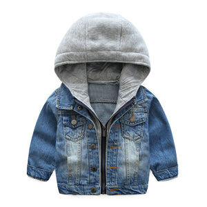 Children’s Washed Soft Denim Jacket with Collar and Hood in Sizes 100-110 - children washed soft denim jacket
