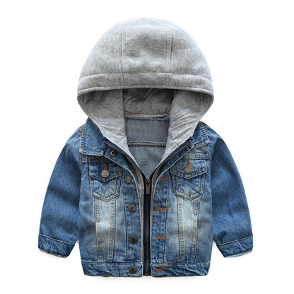Children’s Washed Soft Denim Jacket with Collar and Hood in Sizes 100-110 - children washed soft denim jacket
