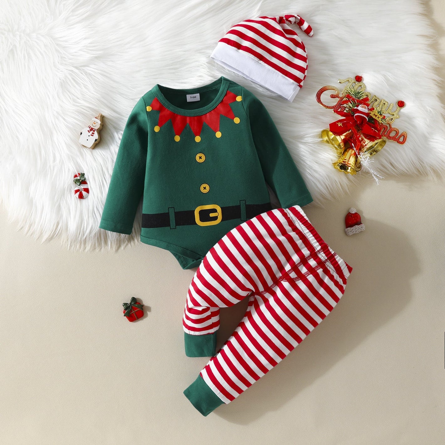 Unisex Green Cotton Pants for Infants Suitable United States Markets - Baby’s First Christmas Jumpsuit Tiny Elves