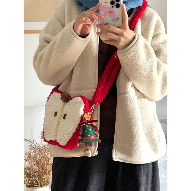 Christmas Plush Crossbody Bag with Heart Shape and Contrast Stitching - Teleplus christmas plush crossbody shoulder