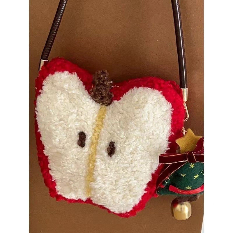 Christmas Plush Crossbody Bag with Heart Shape and Contrast Stitching - Teleplus christmas plush crossbody shoulder