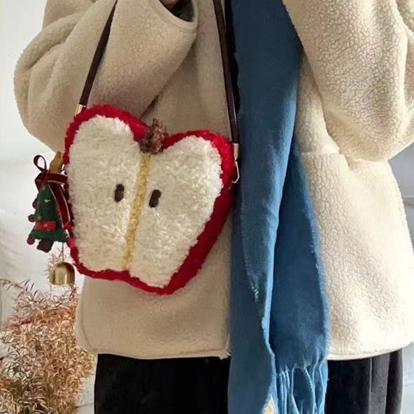 Christmas Plush Crossbody Bag with Heart Shape and Contrast Stitching - Teleplus christmas plush crossbody shoulder