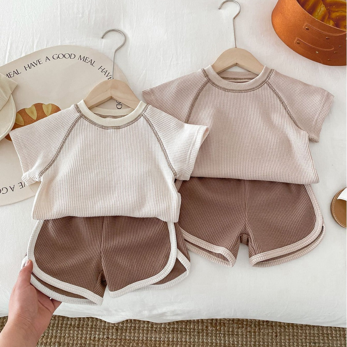 Light Beige Unisex Baby Pants Suitable for the United States Market - Outfit with Short Sleeve Fun in Sun united states
