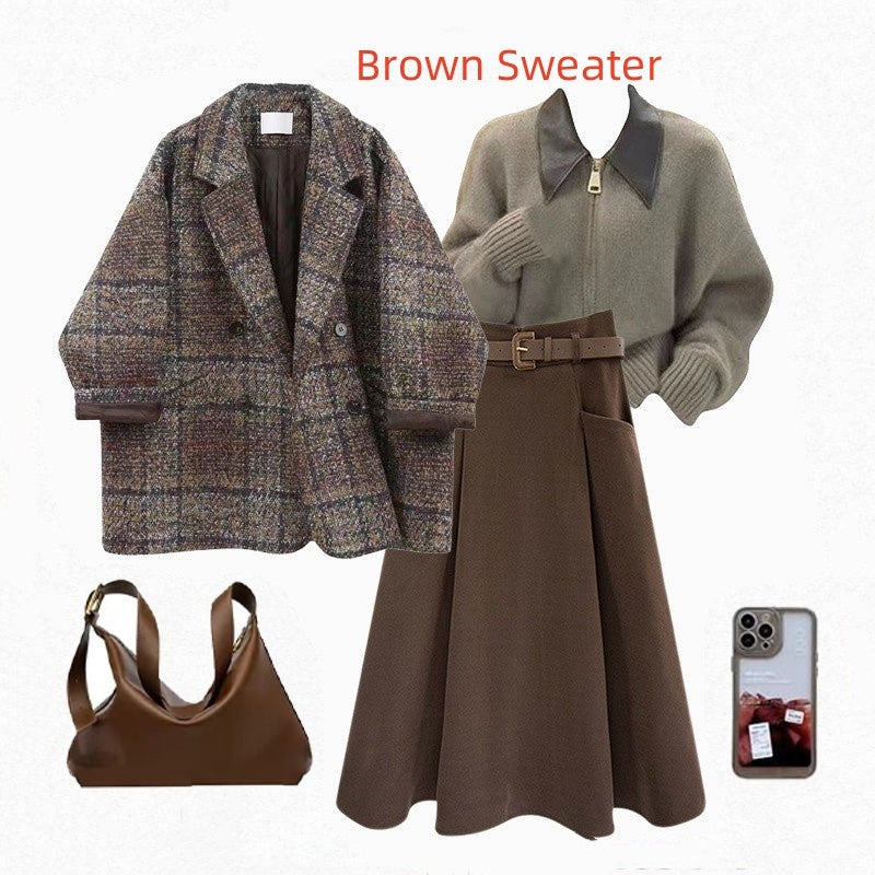Coffee Coat and Sweater Three-Piece Sets with Black Skirt or Brown - Teleplus black skirt brown sweater coffee coat