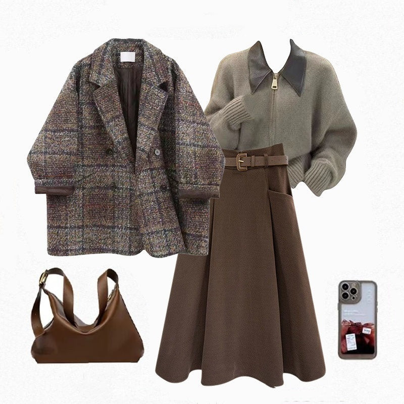 Coffee Coat and Sweater Three-Piece Sets with Black Skirt or Brown - Teleplus black skirt brown sweater coffee coat