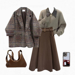 Coffee Coat and Sweater Three-Piece Sets with Black Skirt or Brown - Teleplus black skirt brown sweater coffee coat