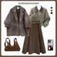 Coffee Coat and Sweater Three-Piece Sets with Black Skirt or Brown - Teleplus black skirt brown sweater coffee coat