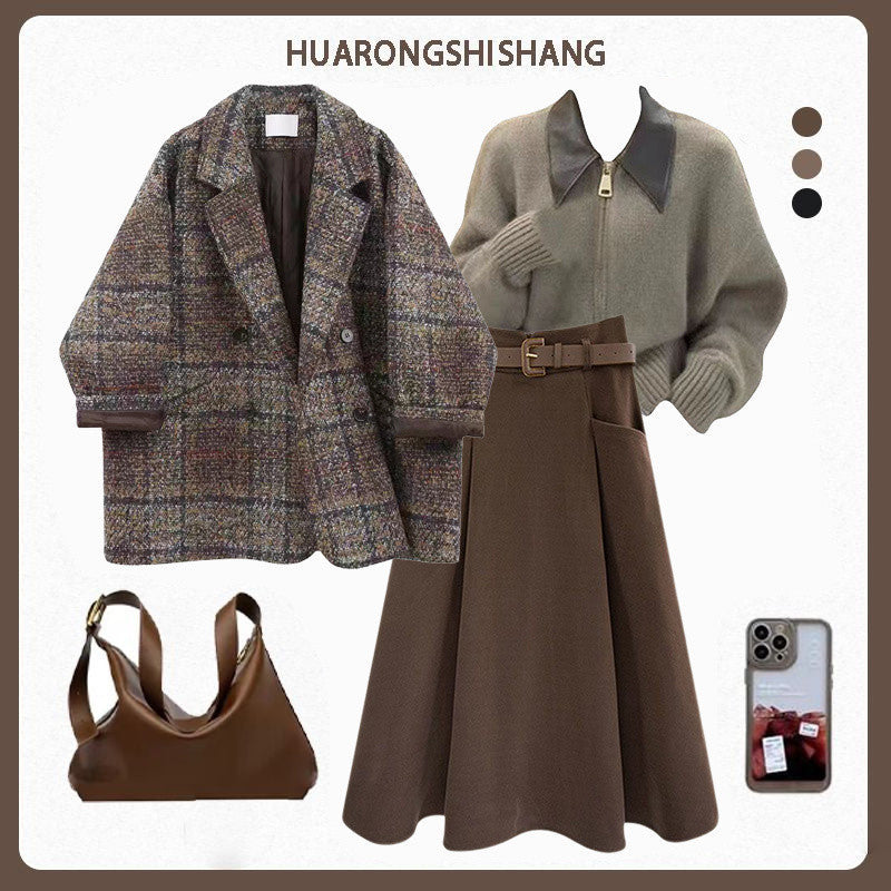Coffee Coat and Sweater Three-Piece Sets with Black Skirt or Brown - Teleplus black skirt brown sweater coffee coat