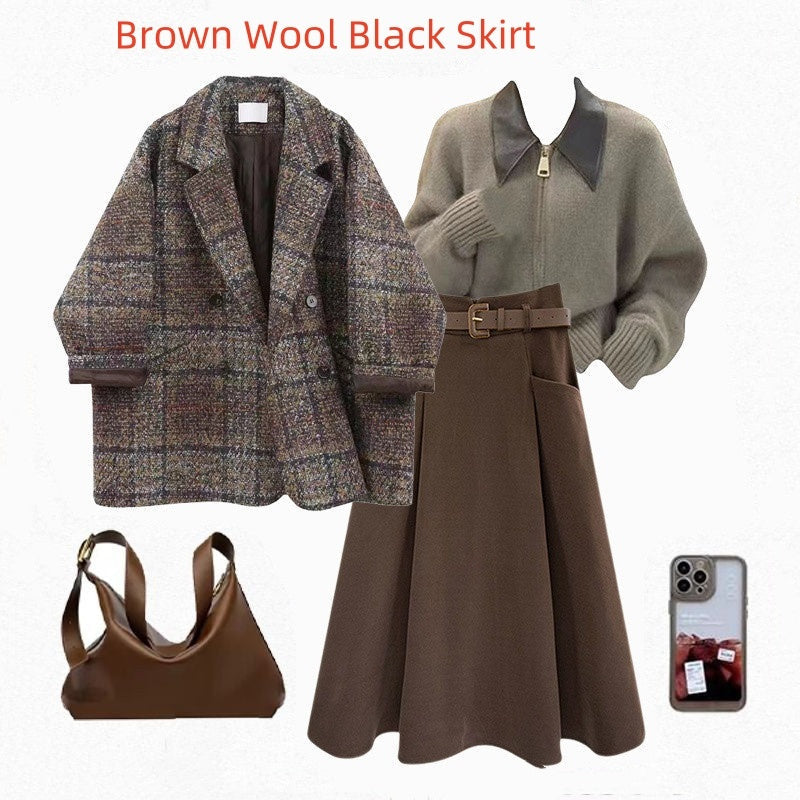 Coffee Coat and Sweater Three-Piece Sets with Black Skirt or Brown - Teleplus black skirt brown sweater coffee coat