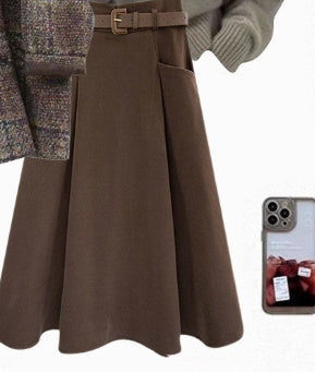 Coffee Coat and Sweater Three-Piece Sets with Black Skirt or Brown - Teleplus black skirt brown sweater coffee coat