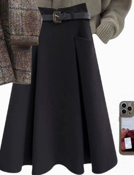 Coffee Coat and Sweater Three-Piece Sets with Black Skirt or Brown - Teleplus black skirt brown sweater coffee coat