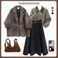 Coffee Coat and Sweater Three-Piece Sets with Black Skirt or Brown - Teleplus black skirt brown sweater coffee coat
