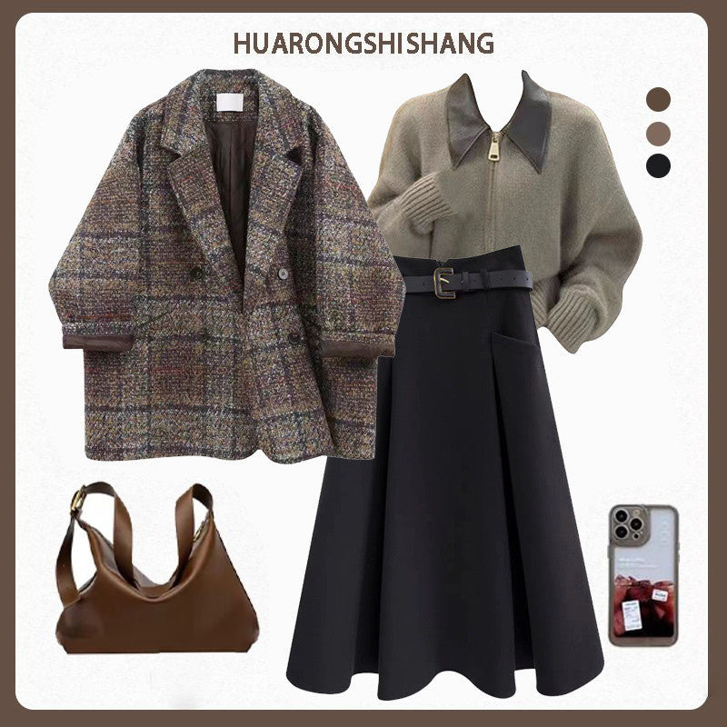 Coffee Coat and Sweater Three-Piece Sets with Black Skirt or Brown - Teleplus black skirt brown sweater coffee coat