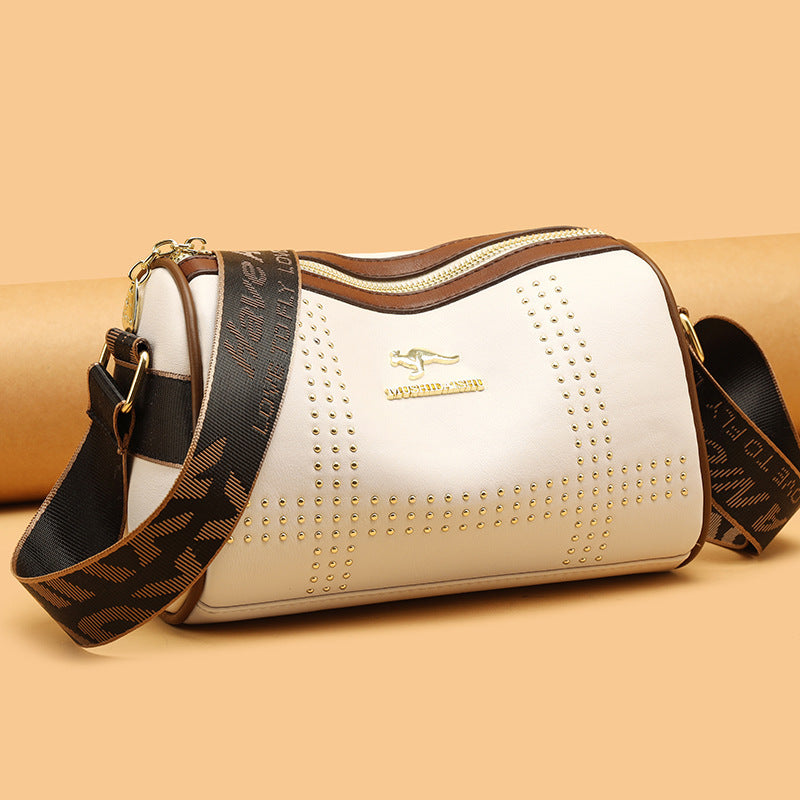 Color Contrast Patchwork Rivet Crossbody Bag with Soft Leather Shoulder Strap - Teleplus color contrast patchwork rivet